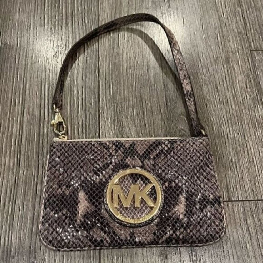 Vintage Y2K Michael Kors Snakeskin Print Wristlet with Gold Hardware
